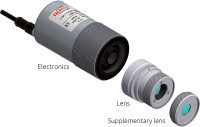Modular design of the pyrometer consisting of electronics, interchangeable lenses and optional supplementary lenses.